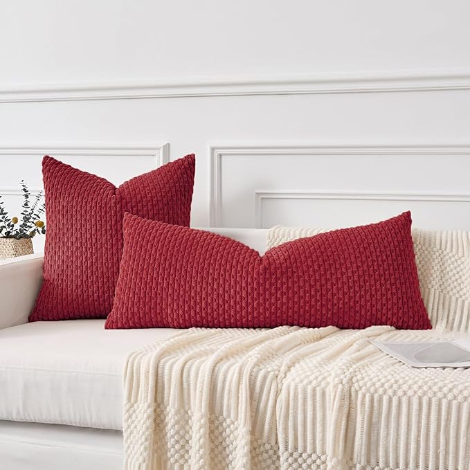 Kevin Textile 20x54 Inch Long Body Lumbar 1 Pack Boho Decorative Throw Pillow Cover Soft Striped Corduroy Rectangle Cushion Case Farmhouse Accent for Living Room Couch Sofa Bed, Burgundy