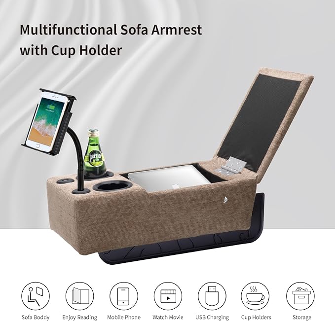Removable Sofa Armrest with Cup Holder, PU Leather Multifunctional Couch Caddy Storage Arm Rest with Power Wireless Charging Stand & LED Reading Light for Sofa Middle Seat Adjustable