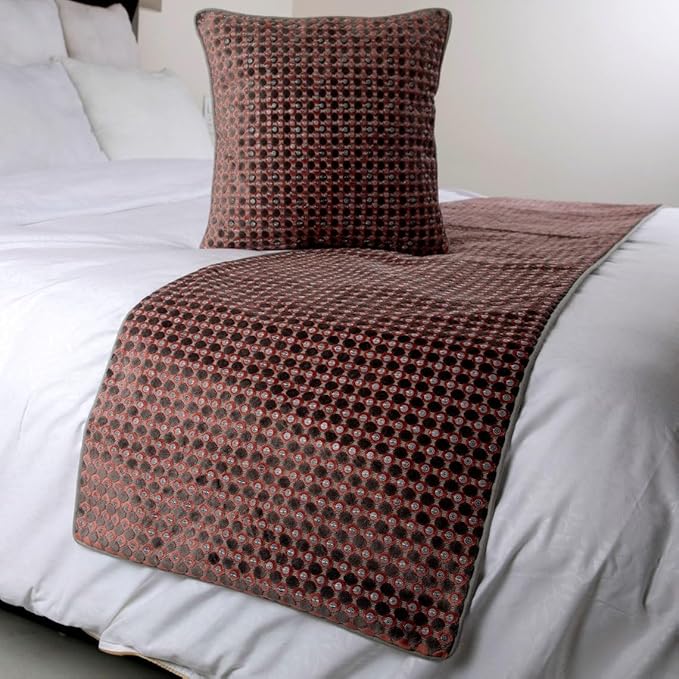 The HomeCentric Grey Bed Runner, Twin Size 53"x18" Decorative Bed Runner with 2 Matching Pillow Cover, Peach & Grey Velvet Bed Scarf in Sequins Embroidery - Ditto Dots