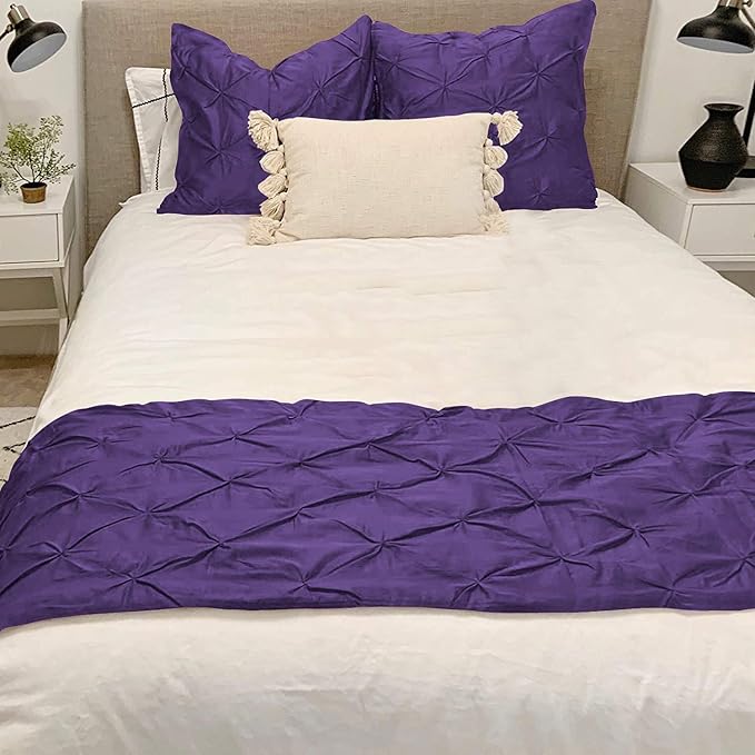 Bed Runner Set - 100% Pure Cotton 800 Thread Count - Luxury 1 Pinch Pleated Bed Runner and 2 Pillow Cover - 3 Piece Pinch Pleated Bed Runner Set Twin, Purple