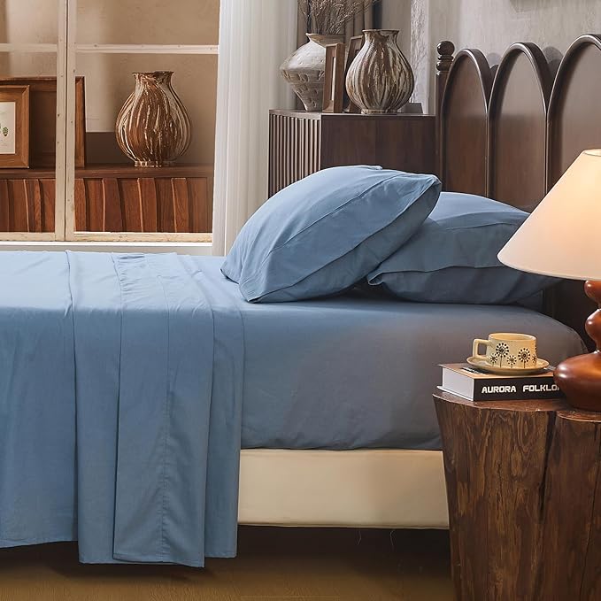 100% Linen Sheet Set King Size Extra Deep Pocket Fits 18-24 Inch Mattress, Breathable & Soft, Smooth 4-Piece Set for Thick Mattresses Hotel Luxury Bedding（King, Dusty Blue）