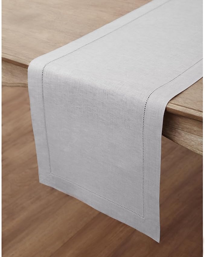 Solino Home Linen Soft Grey Table Runner 72 Inches Long - 100% Pure Linen Hemstitch Table Runner 14 x 72 Inch for Dresser, Dining, Christmas, New Year - Classic Hemstitch