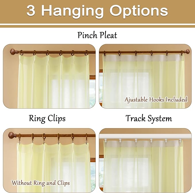 MAIHER Light Yellow Pinch Pleated Sheer Curtains 84 Inches Long for Bedroom Soft Touch Light Filtering Pleat Curtains with Ajustable Hooks for Kids Room, Pear Sorbet, 42" W x 84" L, 2 Panels