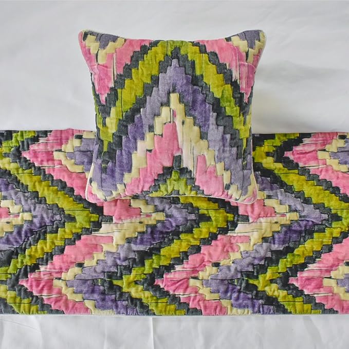 The HomeCentric King/Queen/Twin Pink & Purple Decorative Queen 74"x18" Bed Runner with Two Pillow Cover, Chevron, Quilted Bed Scarf on Velvet Fabric - Artful Chevron