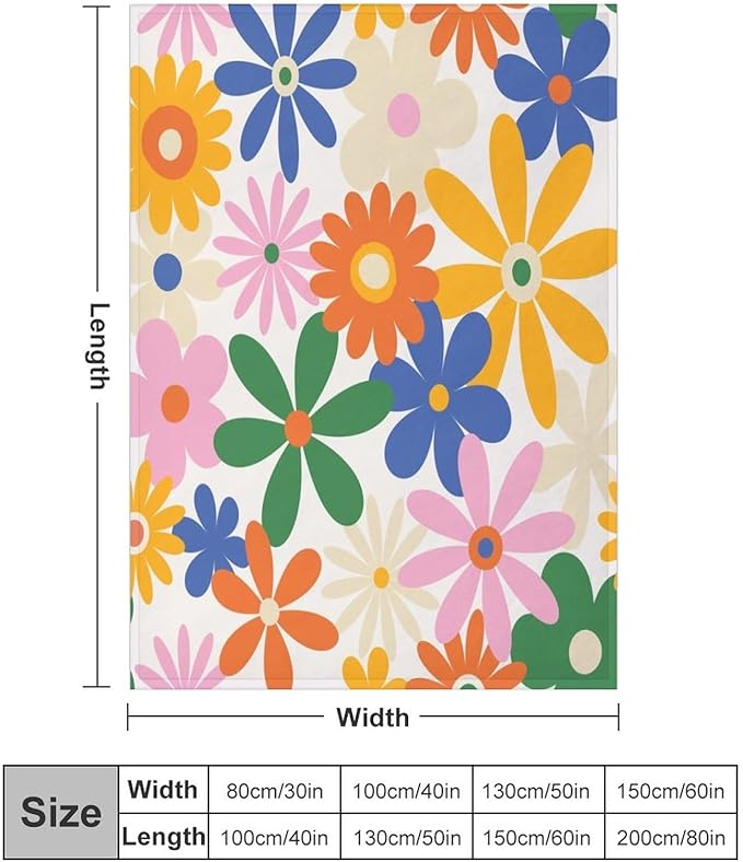 70s Retro Flower Throw Blanket, 60s Vintage Groovy Daisy Flowers Boho Hippie Bright Colorful Floral Print Blanket for Couch Chair Sofa Bed Dorm Bedroom Home 30"x40"