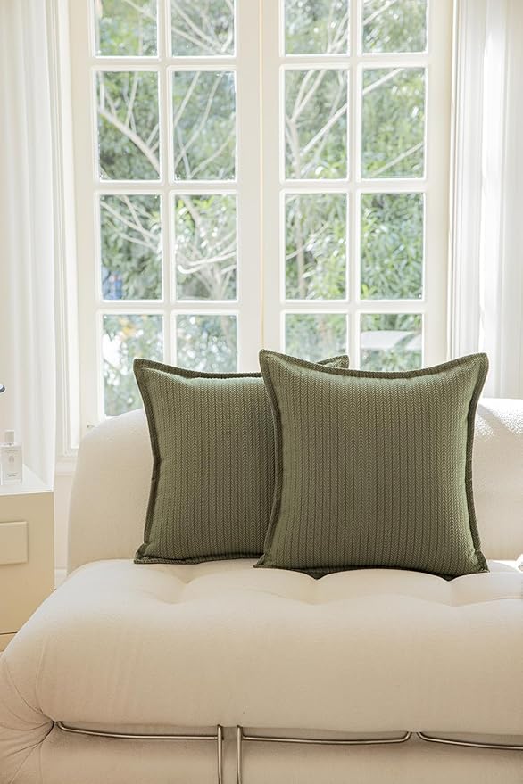 Set of 2 Cozy Striped Herringbone Flange Throw Pillow Covers, Aesthetic Embossed Pattern Pillow Covers for Couch and Bed - 18"x18", Sage Green