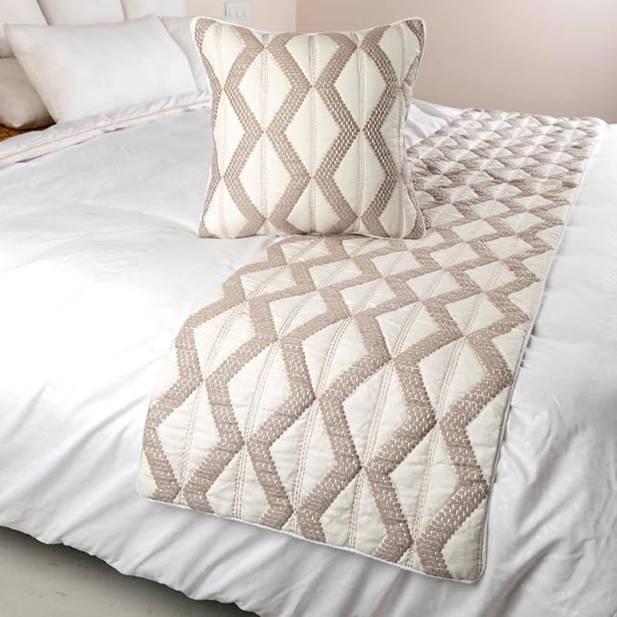 The HomeCentric Ivory Bed Runner, CA King Size 86"x18" Decorative Bed Runner with Matching Pillow Cover, Ivory & Taupe Linen Bed Scarf in Quilted Pattern & Linen Embroidery - Pattern Flatter