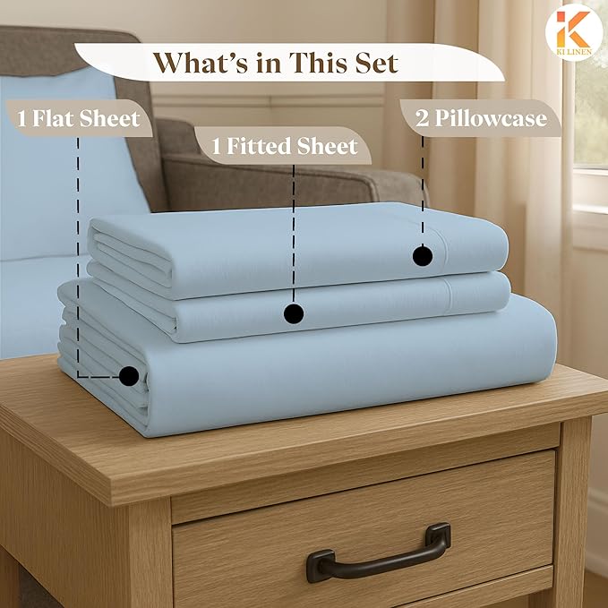 Sleeper Sofa Bed Sheet Set - Full Size 4 PC's Sheet Set Sofa Bed Sheets - 100% Cotton 400 Thread Count Sofa Sheets - Sleeper Sofa Sheets - Fits Mattresses Up to 6" Drop - Light Blue