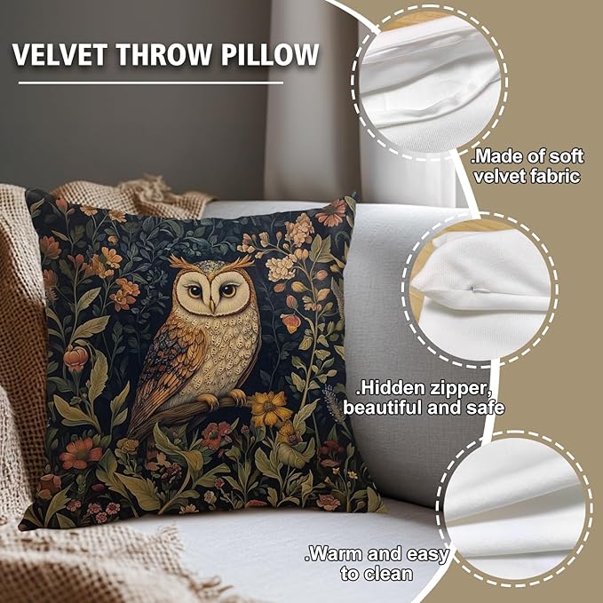 YOU FOUND ME William Morris Abstract Vintage Floral Velvet Owl Design Throw Pillow Covers Home Decor, Retro Art Deco Pillowcase Cushion Cover for Bed Sofa Living Room, Square 18x18inch (Brown-Owl)