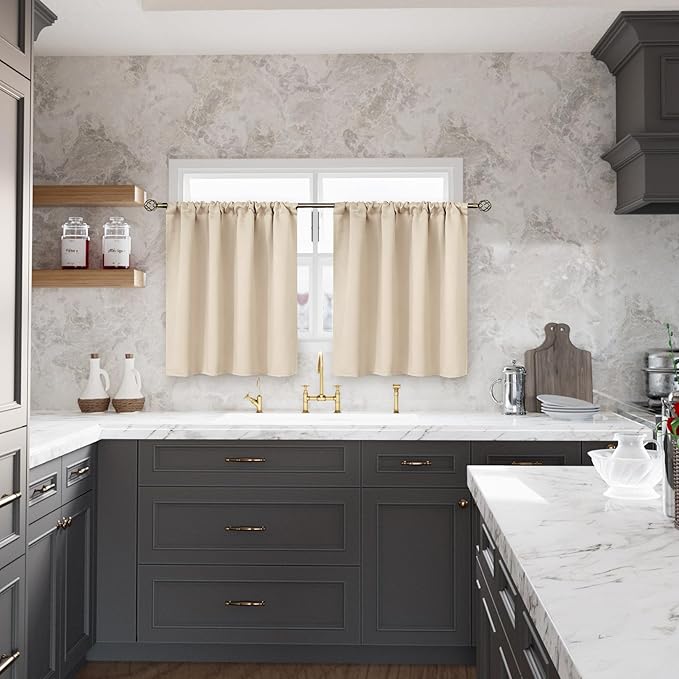 BGment Champagne Curtains 30 Inches Length for Kitchen Cafe Window - Rod Pocket Short Blackout Drapes for Bedroom Basement Rv Camper Room Darkening Privacy Blinds, 2 Panels, 42 x 30 Inch