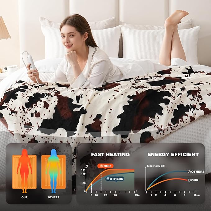 Cow Print Heated Electric Blanket Soft Western 60" x 50" Heating Blanket Cozy Throw Fast Heating 1-10H Auto-Off 8 Heat Level Over-Heat Protection Double Sided Cow Printing