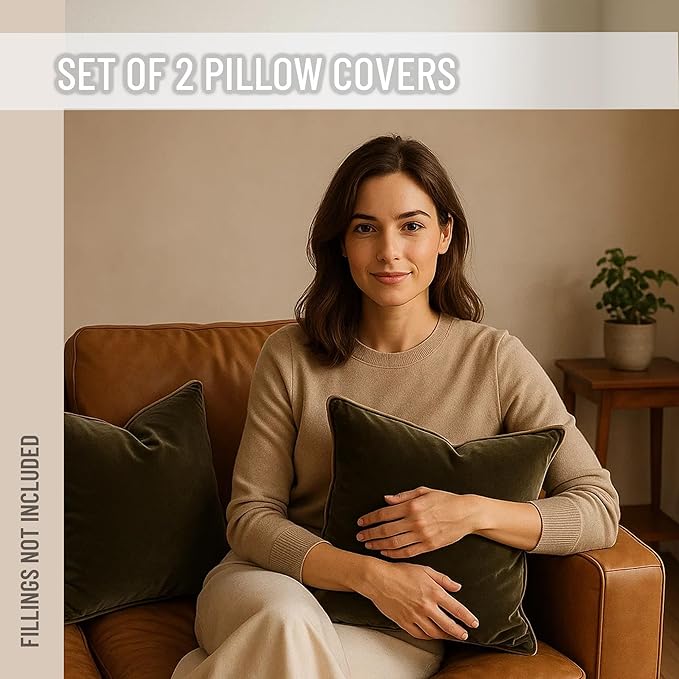 2 Pack Velvet Decorative Throw Pillow Covers, 20"x20", Green and Camel, Solid, Modern, Contrast Piping, Indoor Use, Bedroom & Living Room