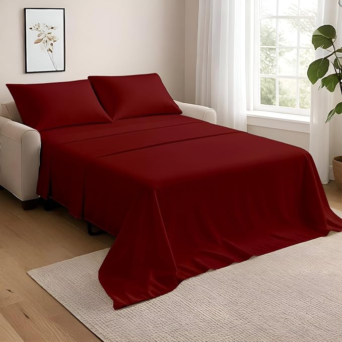 NON Sticky cotton Full Size Sleeper Sofa Sheets, 4 Piece Egyptian Cotton Bed Sheet Set for Sofa Bed, 6" Deep Pocket Fitted Sheet for Pull Out Couch Mattress, 54" x 75", Burgundy Solid