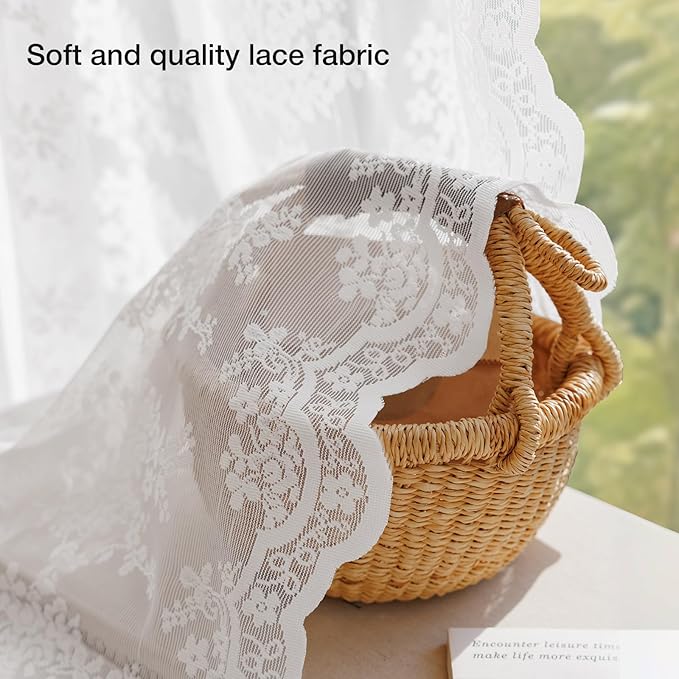 Anmao Vintage Lace Curtains 108 Inches Long 2 Panels Set, Romantic Elegant Light Filtering Semi Sheer Floral Thick Lacy Curtain Drapes for Living Room and Bedroom, Each Panel 55W x 108L, Bright White