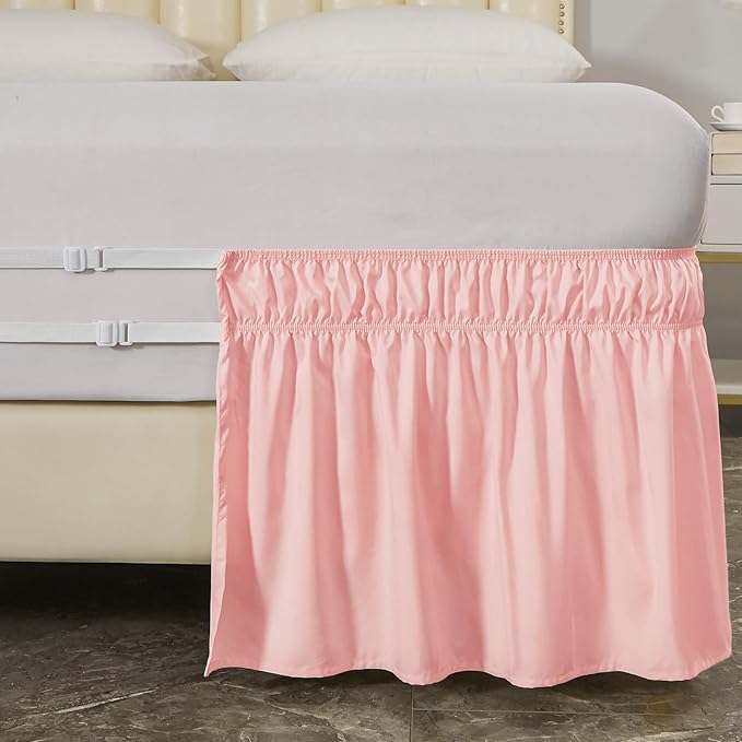 MEILA Wrap Around Bed Skirt Three Fabric Sides Elastic Dust Ruffled 14 Inch Tailored Drop,Easy to Install Fade Resistant-Pink, Twin/Full