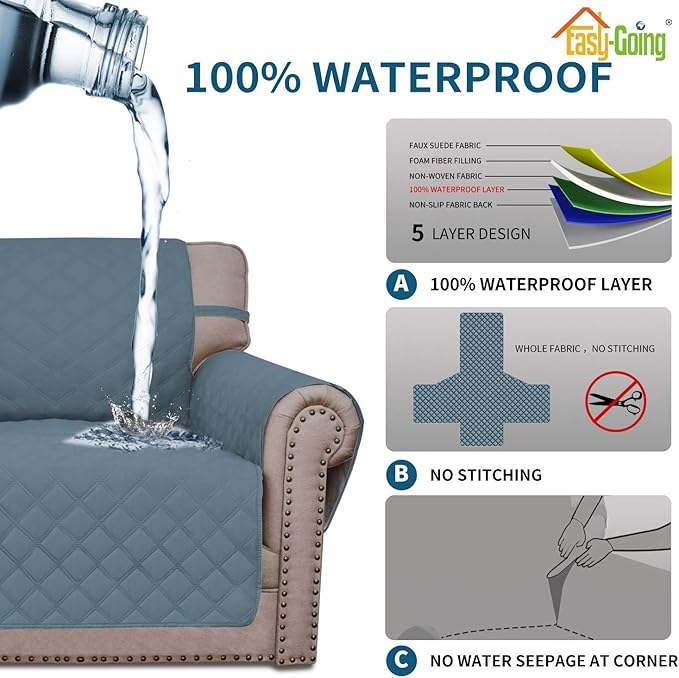 Easy-Going Sofa Slipcover Waterproof Couch Cover for 3 Cushion Couch Sofa Cover Furniture Protector Cover Pets Covers Washable Non-Slip Fabric Pets Kids Children Dog Cat (Sofa, Light Blue)
