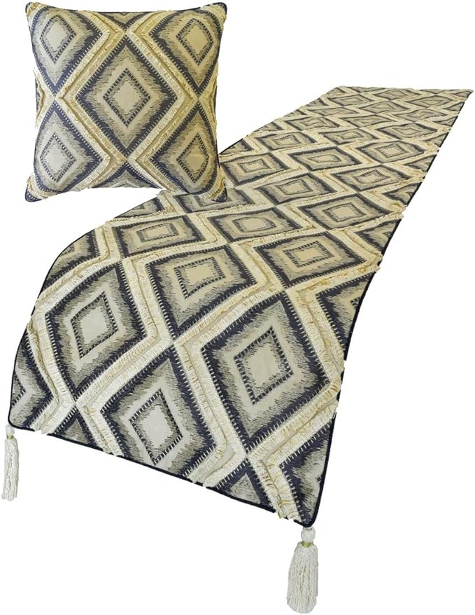 The HomeCentric King/Queen/Twin Blue Decorative King 90"x18" Bed Runner with Pillow Cover, Lace & Moroccan Decor Bed Scarf on Jacquard Fabric - Akida