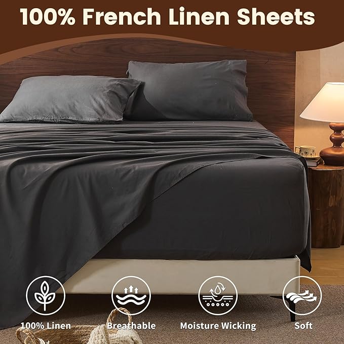 100% Linen Sheet Set Cal King Size Extra Deep Pocket Fits 18-24 Inch Mattress, Breathable & Soft, Smooth 4-Piece Set for Thick Mattresses Hotel Luxury Bedding（Cal King, Dark Grey）