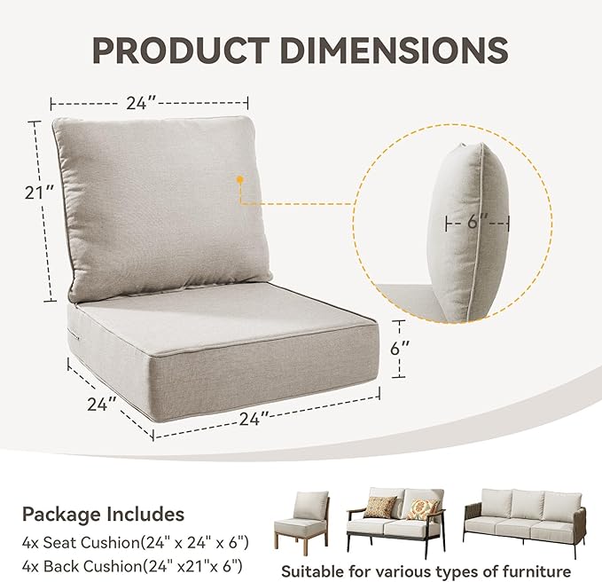 Outdoor Cushion Set for Furniture Patio Furniture, UV Resistant, Water Resistant - 6 Inch Thick Foam Garden Cushions– 24x24 Inch Patio Seat Covers for Chair/Sofa/Couch | Beige | 4-Pack |