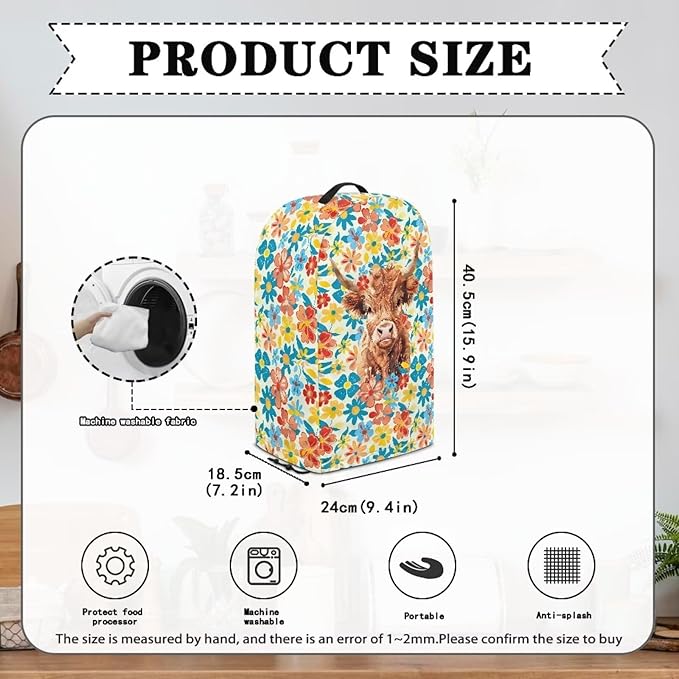 Kitchen Blender Dust Cover with Drawstring and Handle, Floral Highland Cow Print Dust Protection Easy to Clean Small Appliance Food Processor Coffee Maker Cover