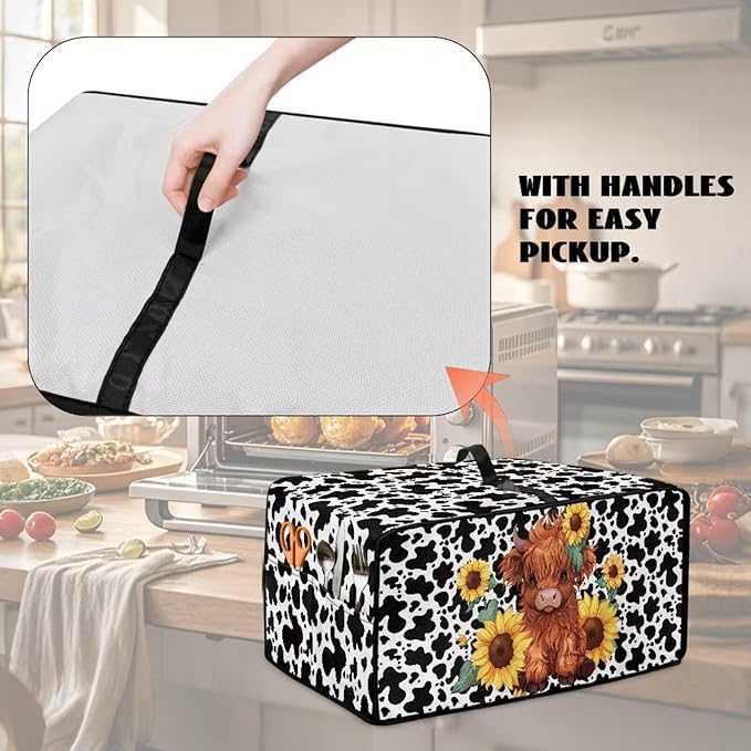 Microwave Oven Cover with Storage Pockets Waterproof Toaster Oven Dust Cover Universal Kitchen Appliance Protector, Cartoon Highland Cattle Sunflower Cow Print, S