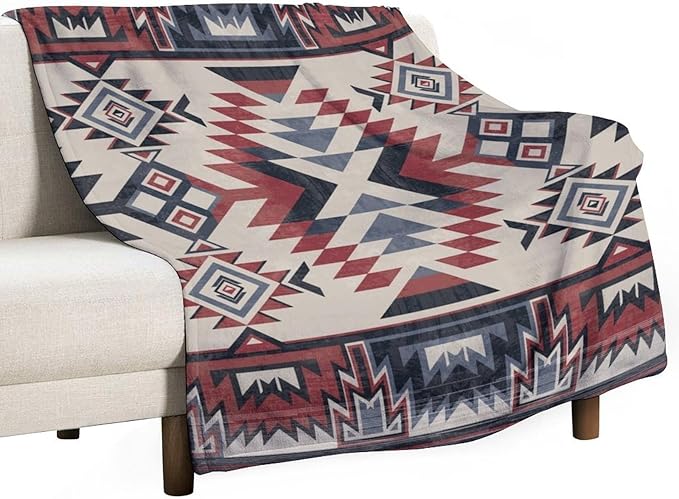 Southwest Blanket, Tribal Indian Throw Blanket Red Black Aztec Ethnic Geometric Print Blanket for Couch Bed Sofa Cover Throw Home Decor 60"x80"