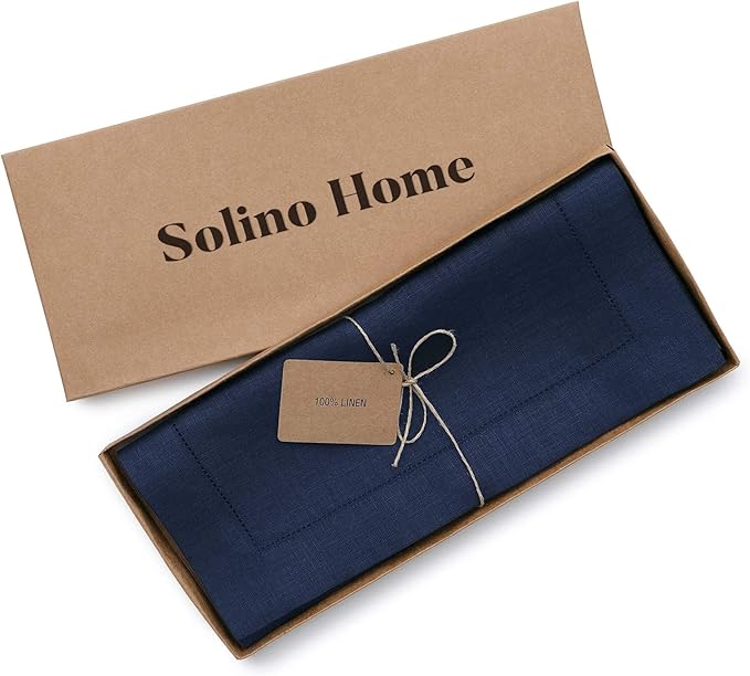 Solino Home Linen Navy Blue Table Runner 48 Inches - Classic Hemstitch, 100% Pure Linen Coffee Table Runner 14 x 48 Inch Ideal for Dresser Tables - Christmas, Holiday, New Year