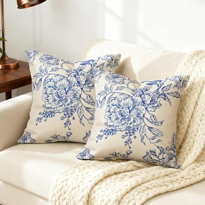 Vintage Floral Pillow Cover 18x 18 Set of 2,Blooming Flower Decorative Waterproof Linen Pillow Cushion Case,Modern Home Decor for Outdoor Couch Bedroom Car Blue and White