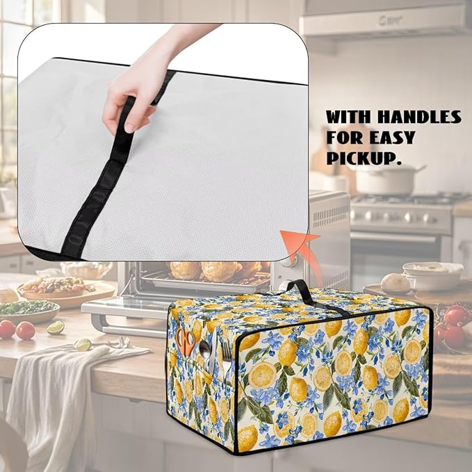 Waterproof Dust-Proof Microwave Oven Grill Cover Protector Lemon Floral Leaf Print Polyester-Linen Fabric Dust Cover with Storage Bags Case Protections for Microwave Oven, S