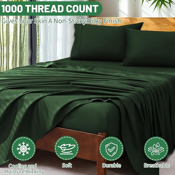 Extra Deep Pocket Queen Sheets 18-24 Inch 100% Egyptian Cotton 1000 Thread Count Sateen Weave Soft Breathable 4 Pieces（Queen,Forest Green）
