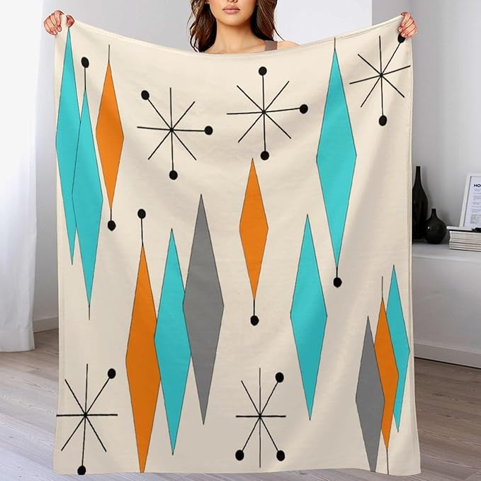 Mid Century Flannel Throw Blankets, Mid Century Modern Geometric Atomic Shapes Orange Retro Style Boho Print Blanket for Bed Couch Sofa Fuzzy Tv Throws 30"x40"