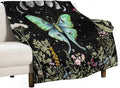 Moth Floral Flannel Blanket, Gothic Witchy Moon Phase Botanical Vintage Wildflower Plantsprint Soft Warm Fuzzy Throw Blanket for Couch Sofa Office Bed, 60"x80"