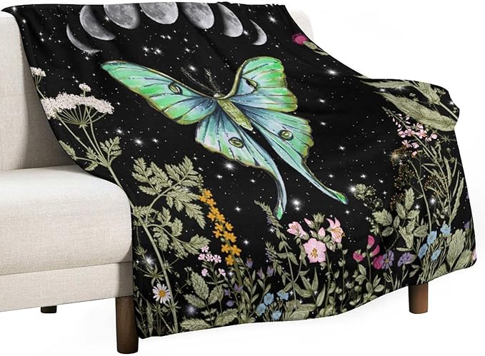 Moth Floral Flannel Blanket, Gothic Witchy Moon Phase Botanical Vintage Wildflower Plantsprint Soft Warm Fuzzy Throw Blanket for Couch Sofa Office Bed, 60"x80"