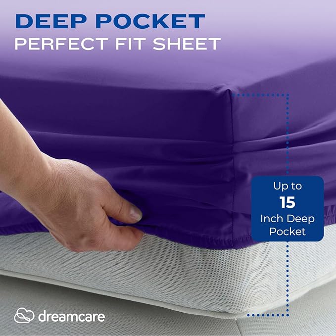 DREAMCARE Full Size Sheets - Cooling Bed Sheets - 4pcs Set - up to 15" Deep Pocket Full Sheet Set - Sheets Full Size Bed - Soft & Long Lasting 100% Fine Brushed Polyester with Side Pocket - Purple