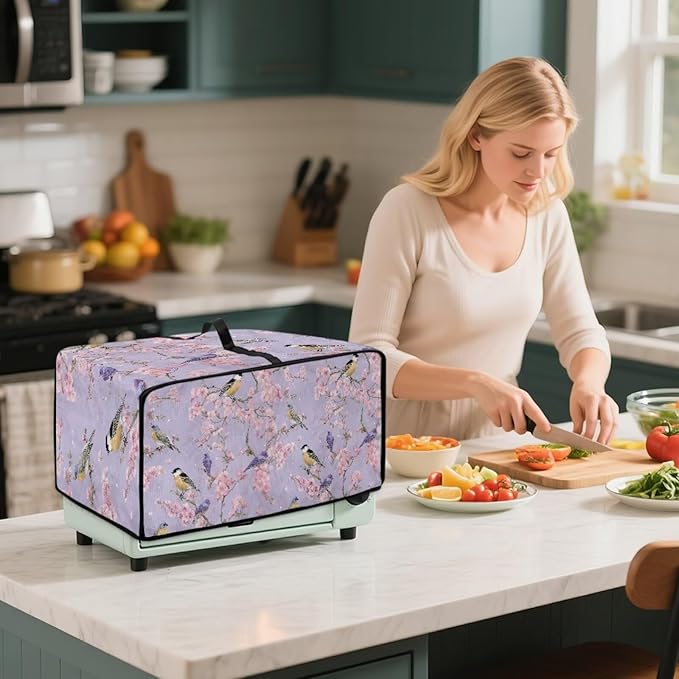 Dust-Proof Microwave Oven Grill Cover Protector Cherry Blossom Robin Bird Print Polyester-Linen Fabric Toaster Oven Dust Cover with Storage Bags Case Protections for Microwave Oven, M