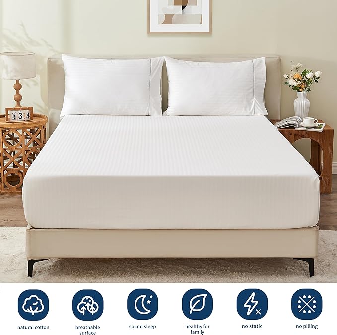 Sunflower Queen Fitted Sheet, 1-Piece Extra Deep Pocket Fitted Bottom Sheet 22", 100% Cotton Jacquard Damask Sheets Sateen Weave Soft Breathable, White Striped