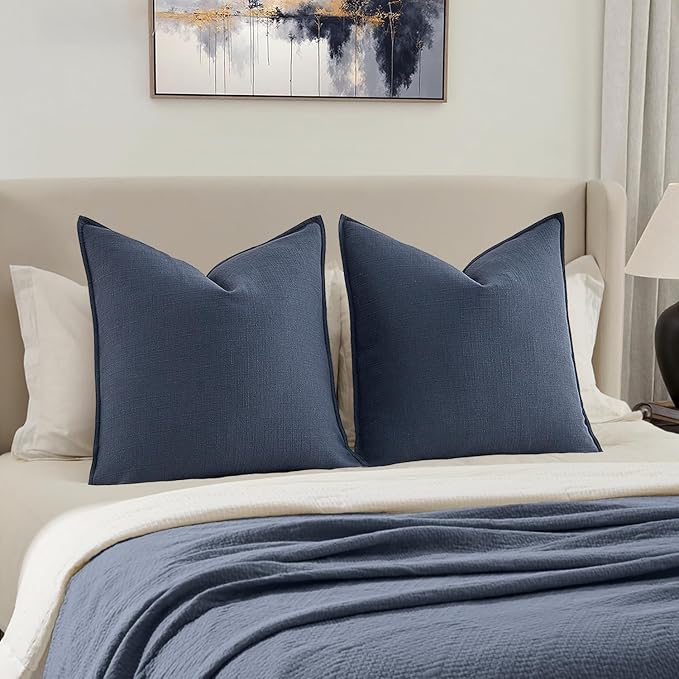 MIULEE Decorative Euro Sham Pillow Covers 26x26, 2 Pack Large Boho Farmhouse Neutral Throw Pillows for Bed, Thick Textured Modern Linen Cushion Cases Couch Sofa Living Room Home Decor, Navy Blue