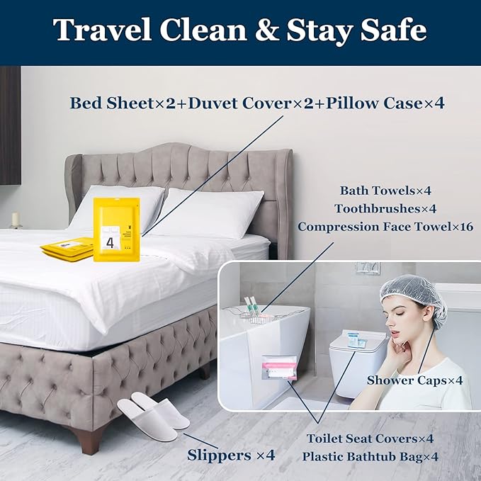 Extguds Disposable Travel Set : Bed Sheet×2+Duvet Cover×2+Pillow case×4+Bath Towels×4+Shower Caps×4+Plastic Bathtub Bag×4+Toilet Seat Covers×4+Compression face Towel×16+Toothbrushes×4+Slippers×4