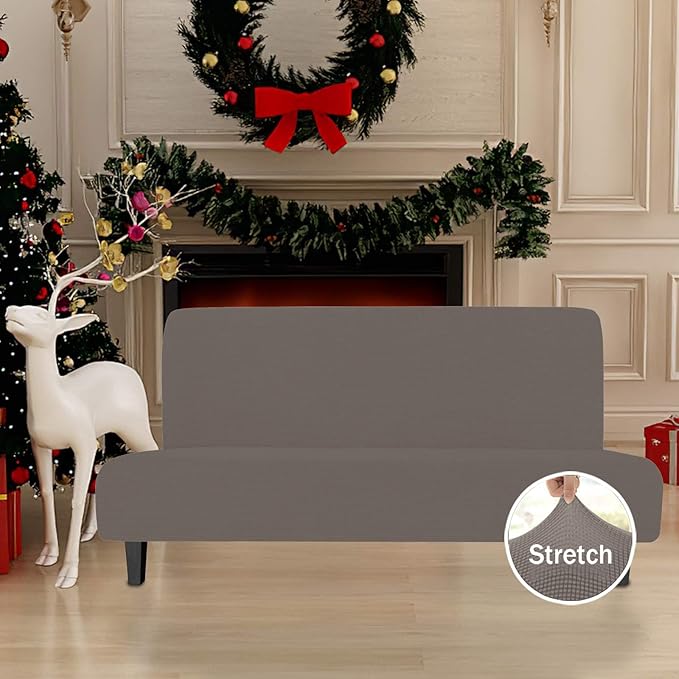 Easy-Going Stretch Futon Slipcover Armless Futon Bed Cover Furniture Protector Without Armrests with Elastic Bottom for Kids, Soft Jacquard Fabric Small Checks (Large, Taupe)