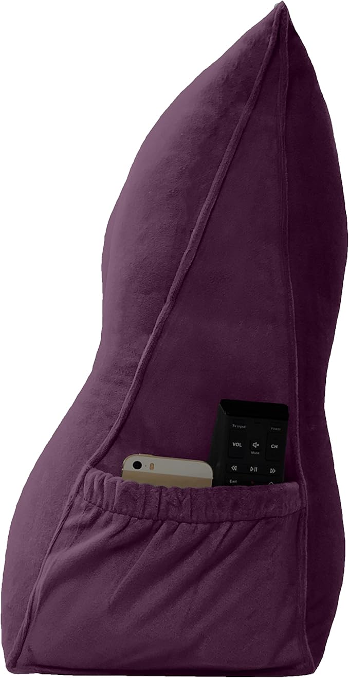 Triangular Reading Bed Rest Pillow Large Bolster Cushion Headboard Backrest Wedge Pillow with Removable Cover and Two Large Side Pockets (Dark Purple, Queen: 59 x 8 x 20 inches)