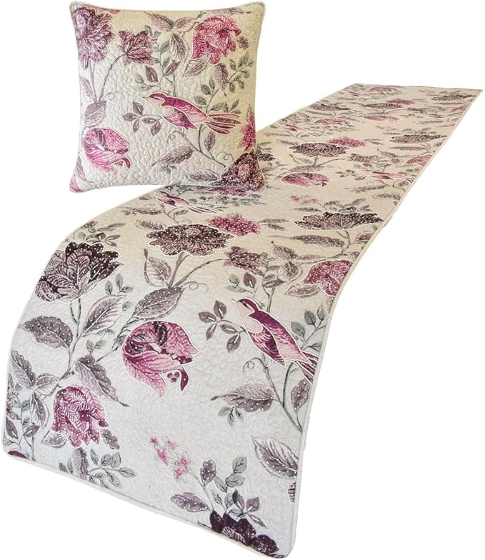 The HomeCentric King/Queen/Twin Pink Decorative Twin 53"x18" Bed Runner Without Pillow Cover, Quilted, Printed & Pearl Embroidery Bed Scarf on Cotton Fabric - Vintage Birdie