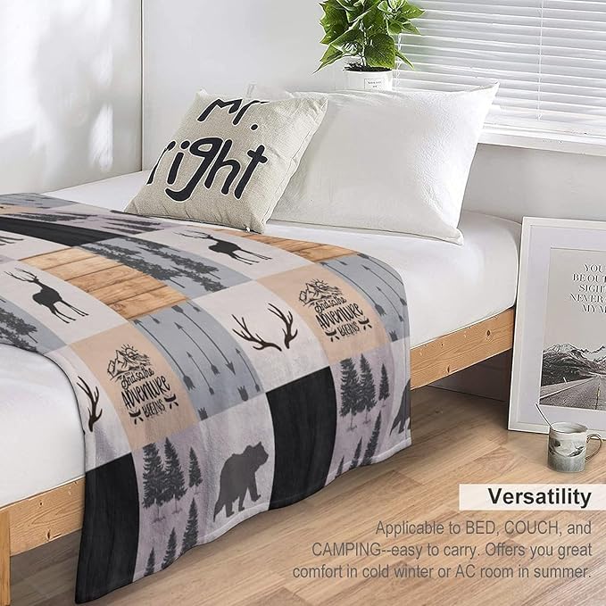 Rustic Cabin Throw Blanket, Retro Camping Bear Deer Farmhouse Wildlife Tree Forest Brown Gray Print Warm Flannel Blanket for Bedroom Camping Travel, 30"x40"