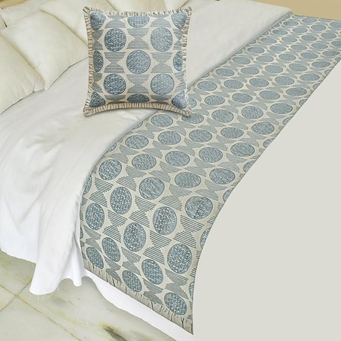 The HomeCentric King/Queen/Twin Blue Decorative Bed Runner King 90"x18" Bed Runner with Two Pillow Cover, Embroidery, Ruffles Bed Scarf on Linen Fabric - Ellara Blue