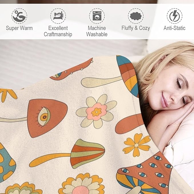 70s Mushroom Throw Blanket, Retro 60s Groovy Mushroom Boho Hippie Flowers Print Blanket for Kids Baby Bedroom Sofa Holiday Decor 40"x50"