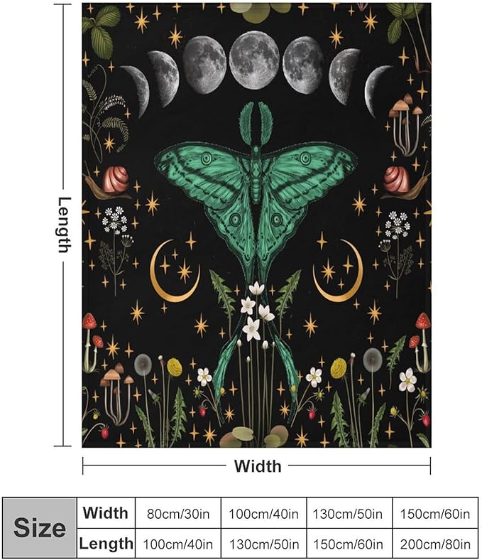 Moon Phase Moth Blanket, Vintage Botanical Mushroom Wildflower Gothic Night Moonlit Mysterious Witchy Throws Blanket for Sofa Bed Couch Chair, 50"x60"