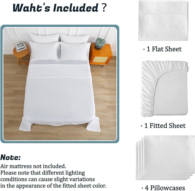 Extra Deep Pocket Full Sheet Set for Air Mattress, 6 Piece Air Bed Sheets Set with 18-24 Inches Depth, Soft & Breathable Inflatable Bed Sheet Set with Flat Sheet, Fitted Sheet and Pillowcases, White