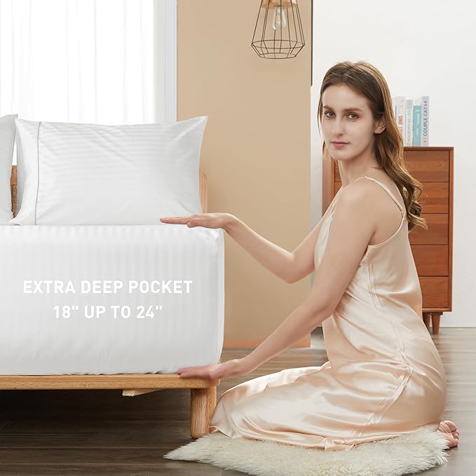 Sunflower Queen Fitted Sheet, 1-Piece Extra Deep Pocket Fitted Bottom Sheet 22", 100% Cotton Jacquard Damask Sheets Sateen Weave Soft Breathable, White Striped