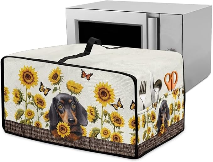 Dachshund Dog Sunflower Butterfly Print Microwave Oven Dust Cover Dustproof Microwave Toaster Oven Cover Polyester-Linen Fabric Kitchen Machine Covers for Toaster Oven Air Fryer, L