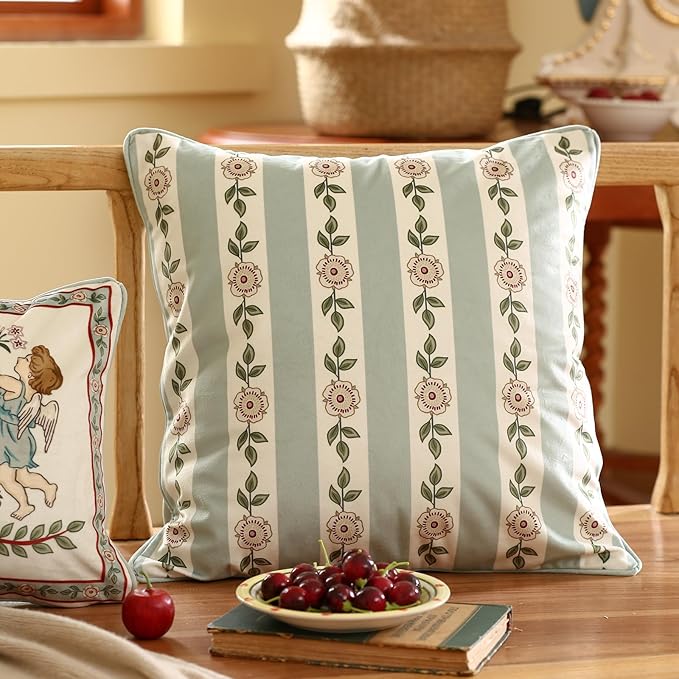 Square Throw Pillow Covers Pack of 2,Green Cozy Velvet Farmhouse with Flowers and Leaves Pattern Pillowcases,Decoration Pillows Cushion Covers for Couch Sofa Bed Car Chair,18"x18"