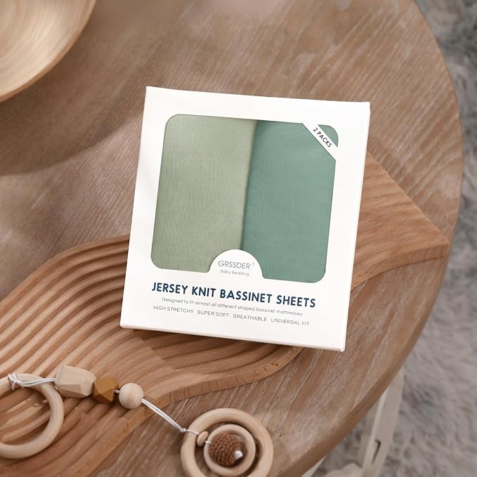 GRSSDER Stretchy Ultra Soft Fitted Bassinet Sheet 2 Pack, Universal Fit for Bassinets Baby Cradle Moses Basket Oval Rectangle Mattress Safe and Snug, Jersey Bassinet Sheets for Girls, Green & Sage